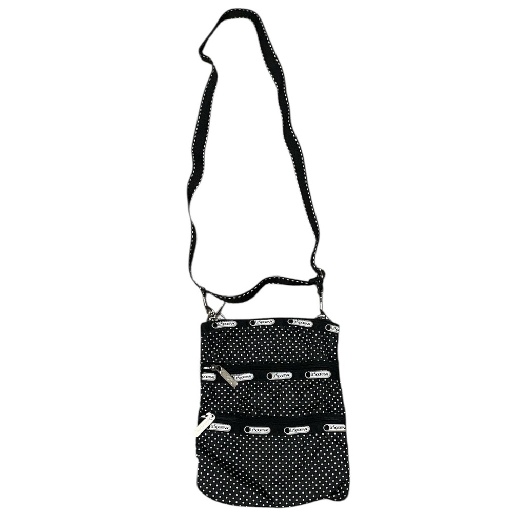 LesportSac Triple Zip Mini Crossbody Shoulder Bag Black/White Polka Dots G-29